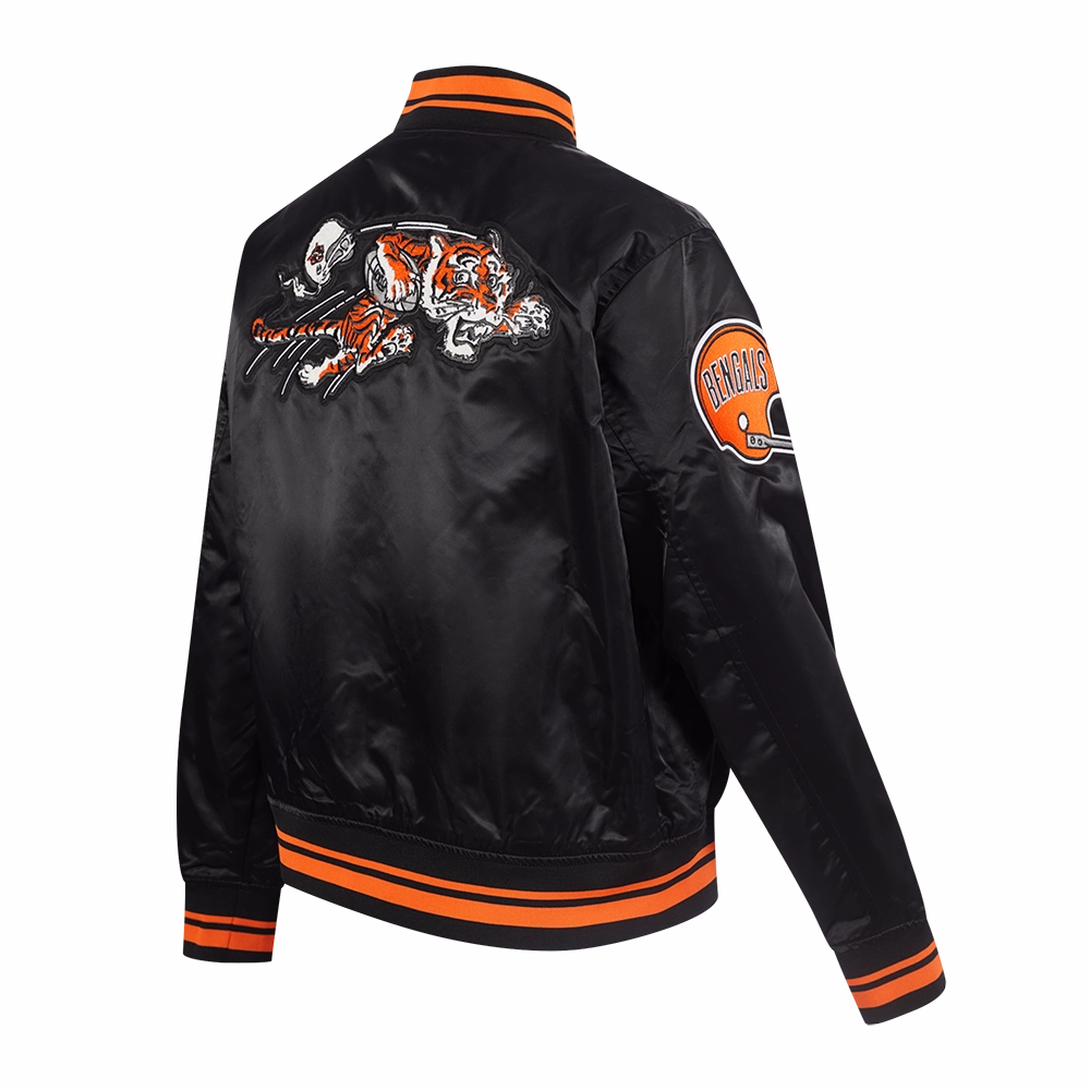 NFL CINCINNATI BENGALS RETRO CLASSIC WOMEN'S RIB SATIN JACKET (BLACK/ORANGE)
