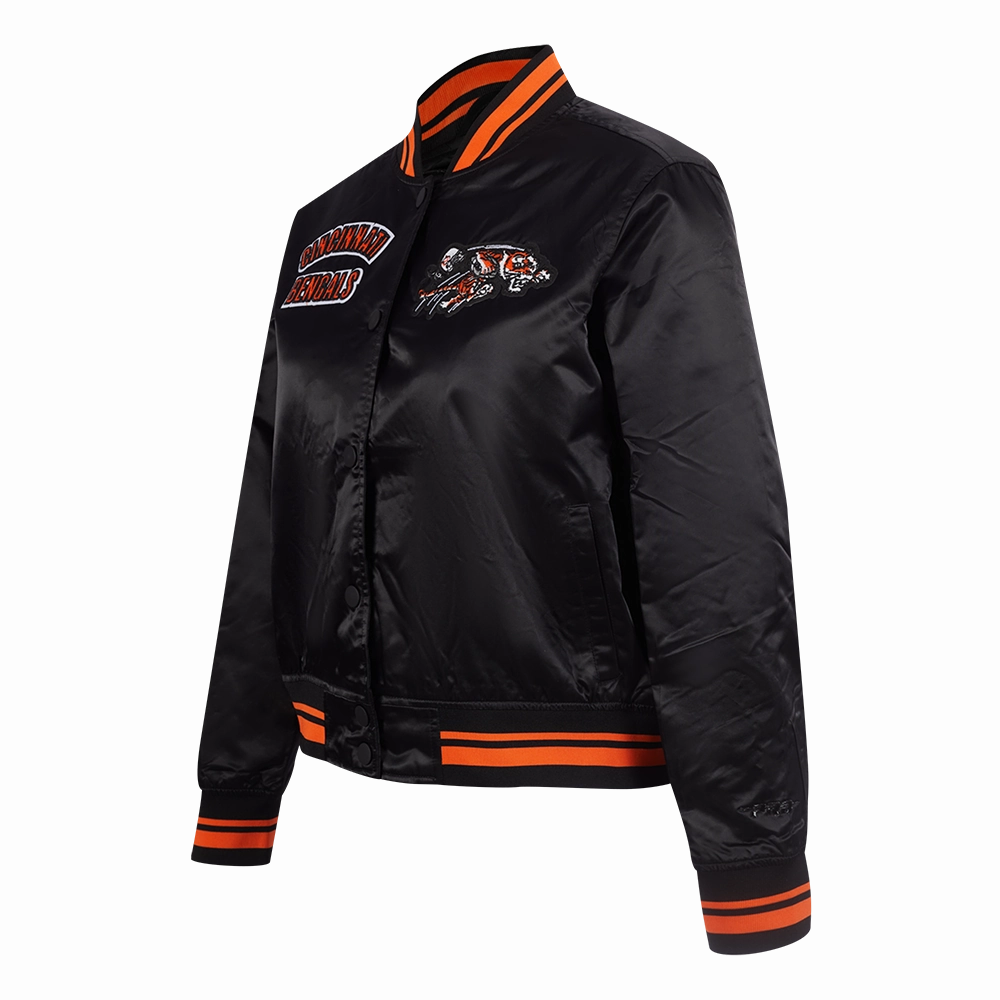 NFL CINCINNATI BENGALS RETRO CLASSIC WOMEN'S RIB SATIN JACKET (BLACK/ORANGE)