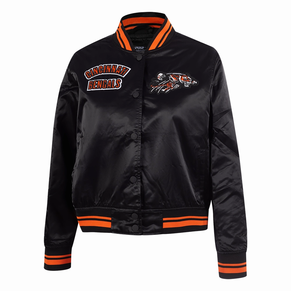 NFL CINCINNATI BENGALS RETRO CLASSIC WOMEN'S RIB SATIN JACKET (BLACK/ORANGE)