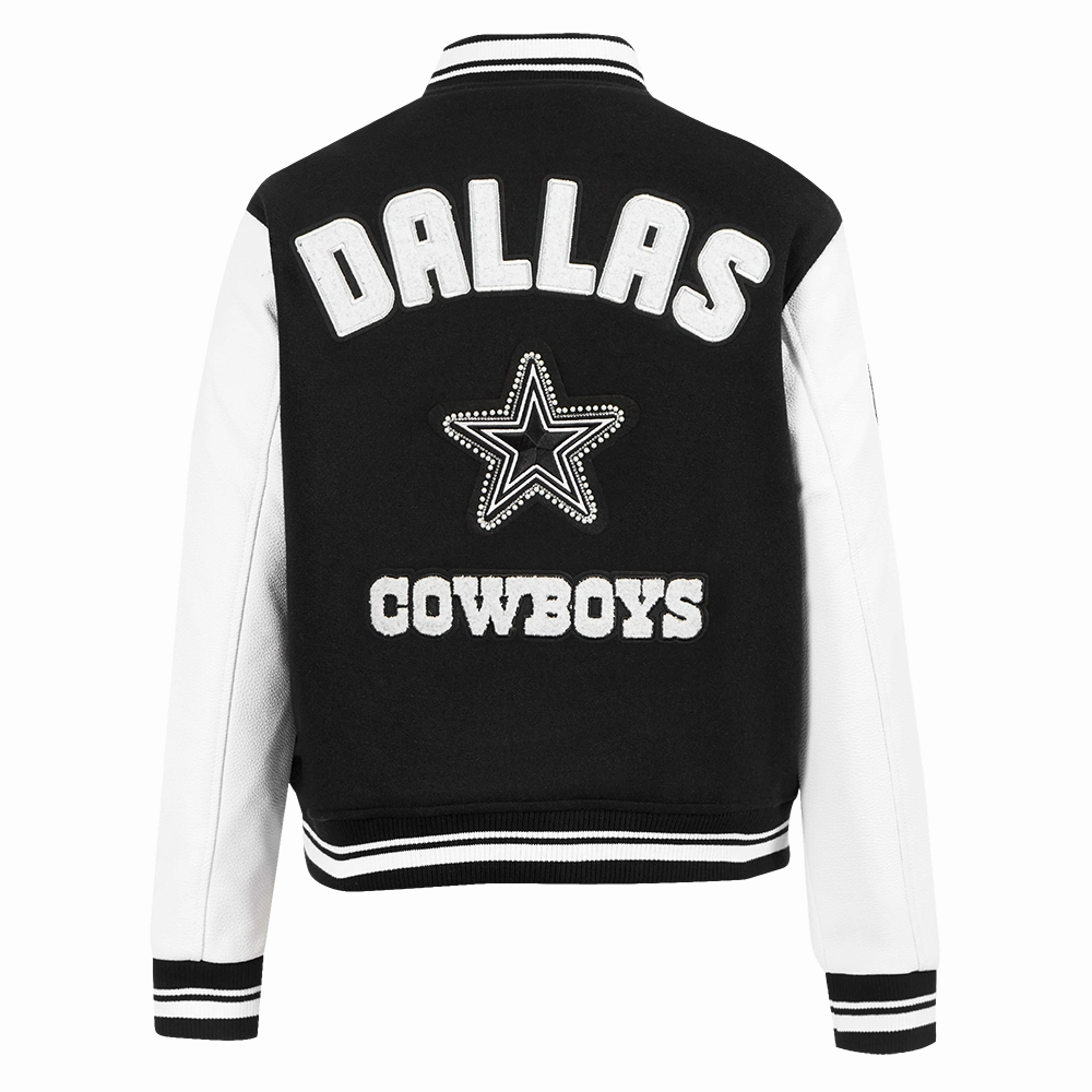 NFL DALLAS COWBOYS PEARLS WOMEN'S RIB WOOL VARSITY JACKET (BLACK/WHITE)