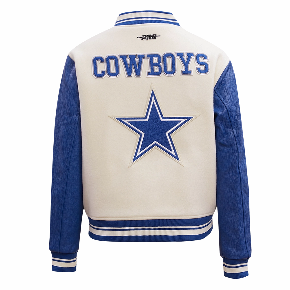 NFL DALLAS COWBOYS RETRO CLASSIC WOMEN'S RIB WOOL VARSITY JACKET (EGGSHELL/DODGER BLUE)