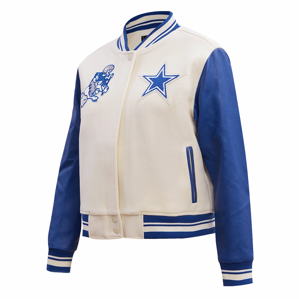 NFL DALLAS COWBOYS RETRO CLASSIC WOMEN'S RIB WOOL VARSITY JACKET (EGGSHELL/DODGER BLUE)