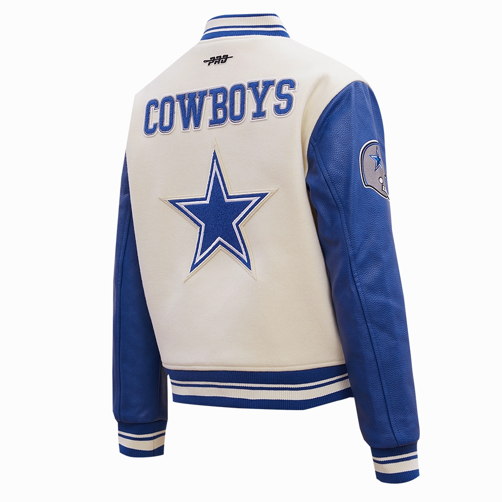 NFL DALLAS COWBOYS RETRO CLASSIC WOMEN'S RIB WOOL VARSITY JACKET (EGGSHELL/DODGER BLUE)
