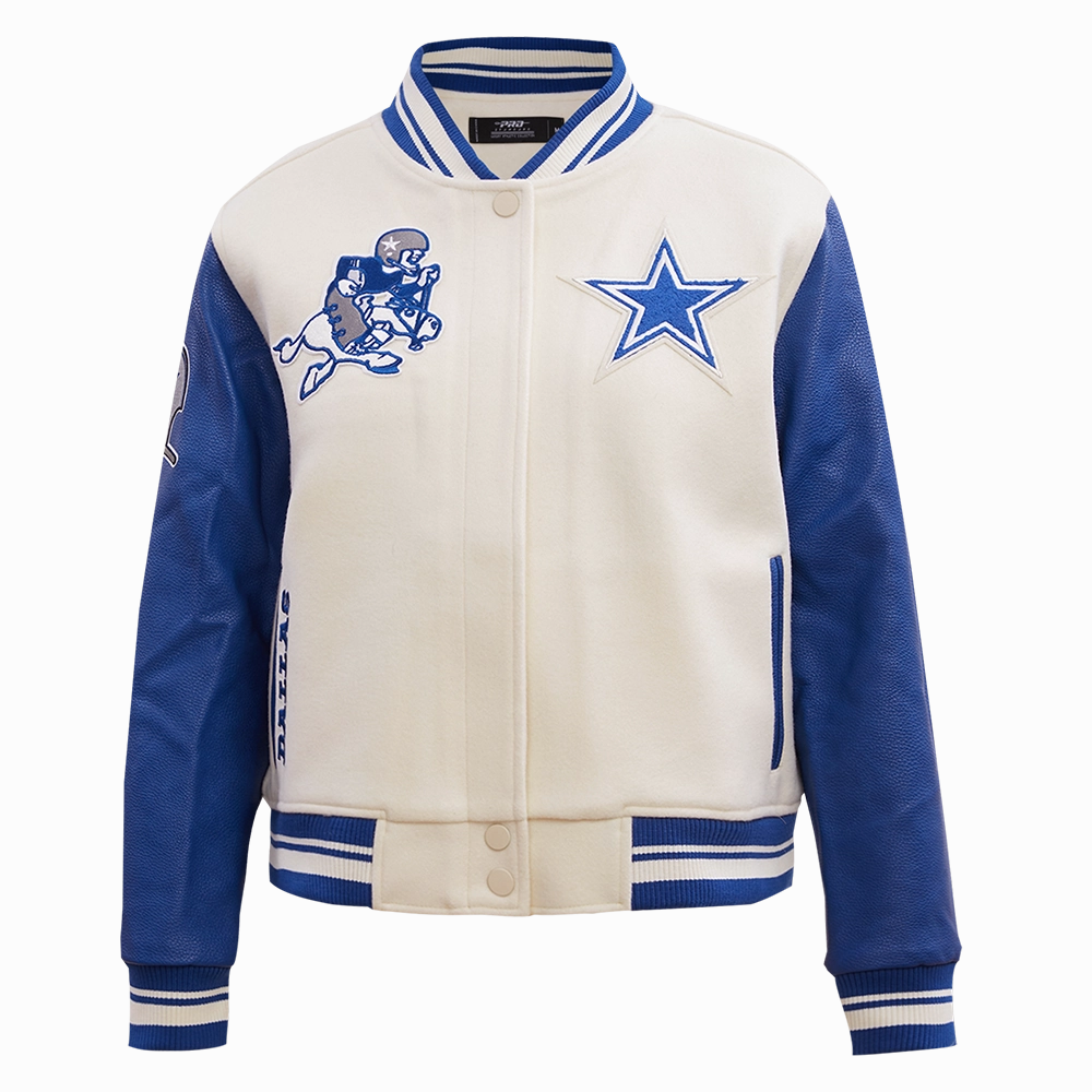 NFL DALLAS COWBOYS RETRO CLASSIC WOMEN'S RIB WOOL VARSITY JACKET (EGGSHELL/DODGER BLUE)