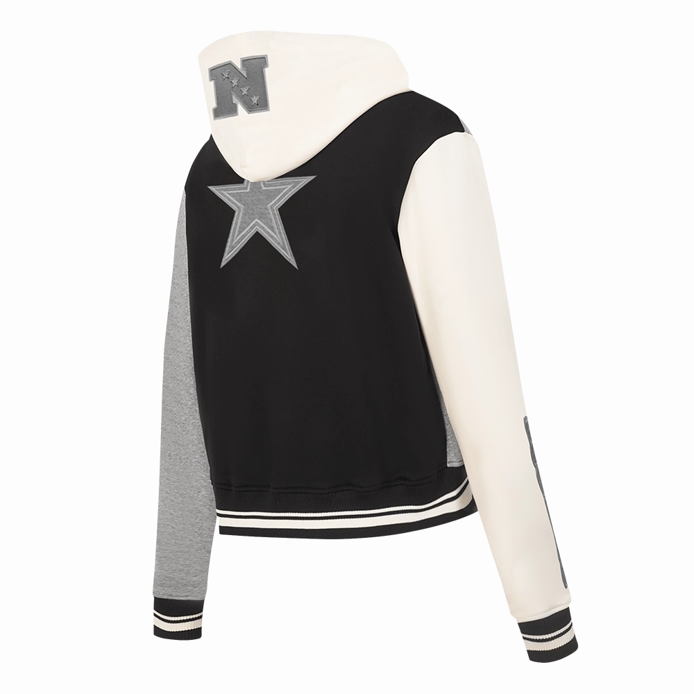 NFL DALLAS COWBOYS REVERSE FRENCH TERRY WOMEN'S COLOR BLOCK FLEECE FULL ZIP HOODIE (BLACK/GRAY/EGGSHELL)