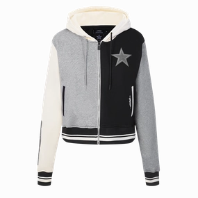 NFL DALLAS COWBOYS REVERSE FRENCH TERRY WOMEN'S COLOR BLOCK FLEECE FULL ZIP HOODIE (BLACK/GRAY/EGGSHELL)