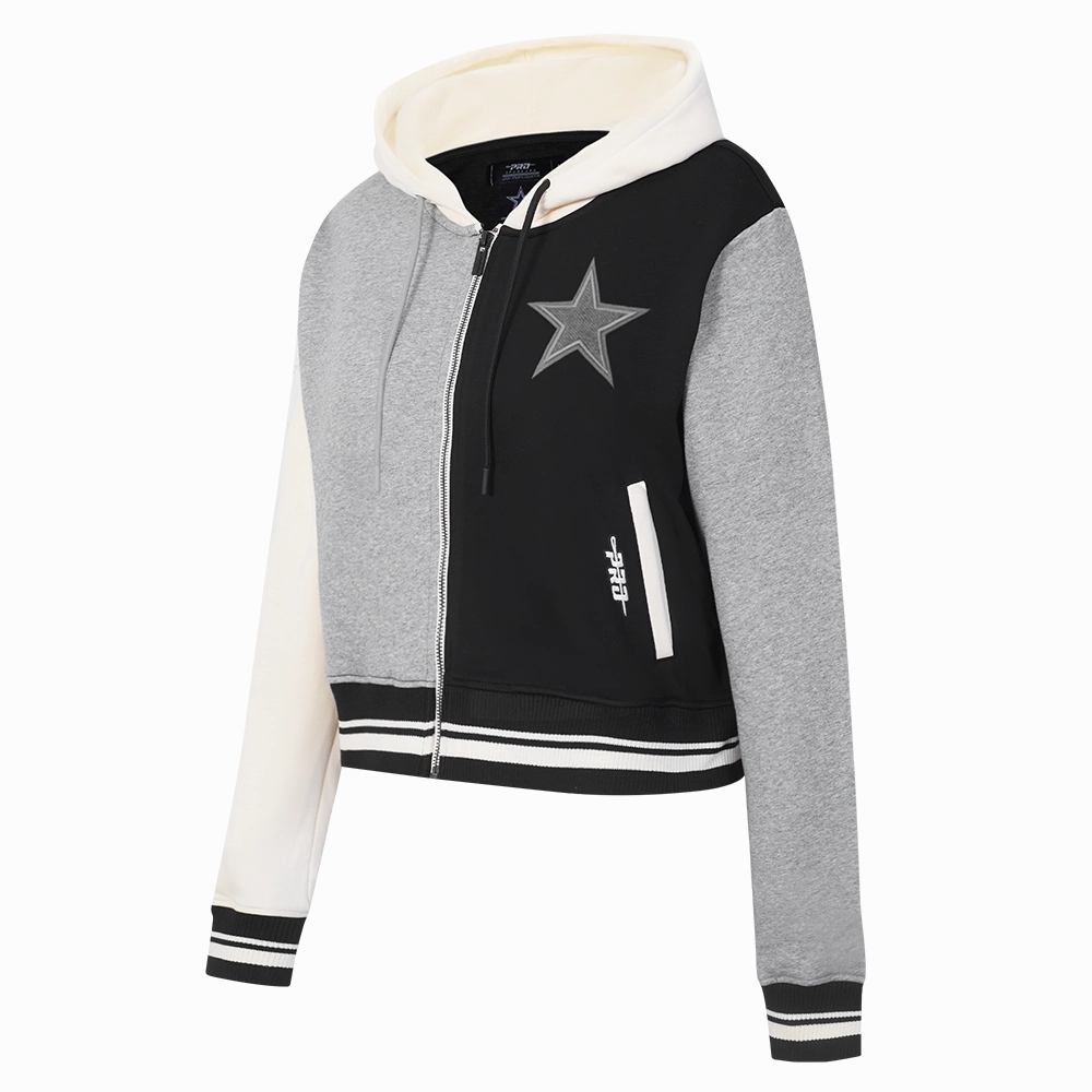 NFL DALLAS COWBOYS REVERSE FRENCH TERRY WOMEN'S COLOR BLOCK FLEECE FULL ZIP HOODIE (BLACK/GRAY/EGGSHELL)