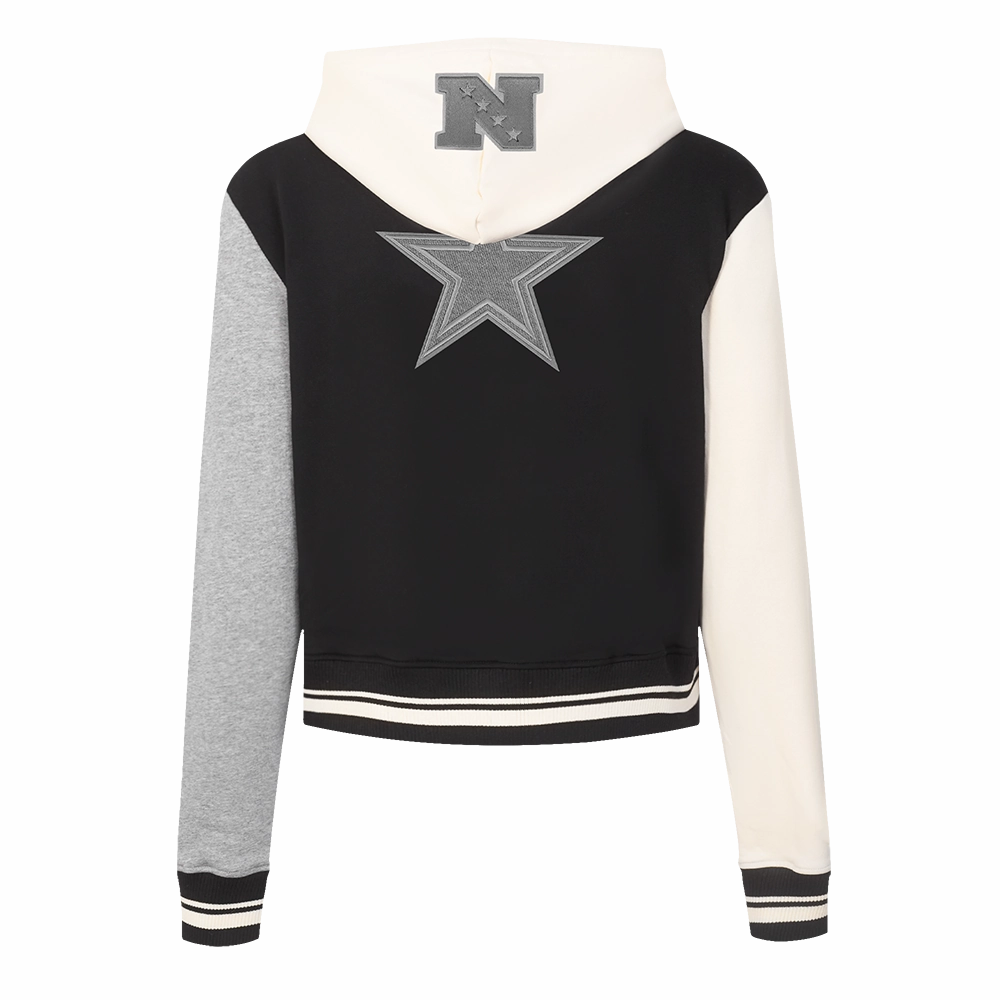 NFL DALLAS COWBOYS REVERSE FRENCH TERRY WOMEN'S COLOR BLOCK FLEECE FULL ZIP HOODIE (BLACK/GRAY/EGGSHELL)