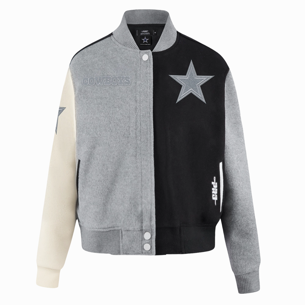NFL DALLAS COWBOYS REVERSE FRENCH TERRY WOMEN'S WOOL VARSITY JACKET (BLACK/GRAY/EGGSHELL)