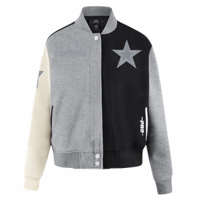 NFL DALLAS COWBOYS REVERSE FRENCH TERRY WOMEN'S WOOL VARSITY JACKET (BLACK/GRAY/EGGSHELL)