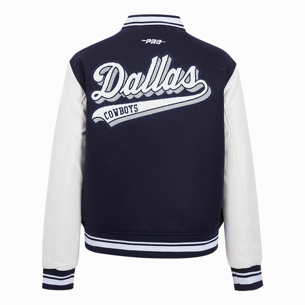 NFL DALLAS COWBOYS SCRIPT TAIL WOMEN'S WOOL VARSITY JACKET (MIDNIGHT NAVY/WHITE)