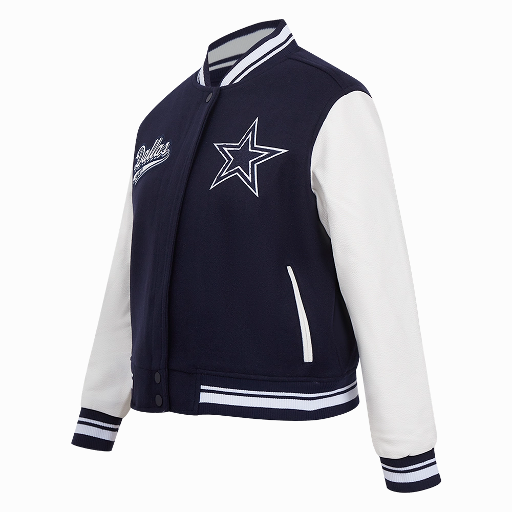 NFL DALLAS COWBOYS SCRIPT TAIL WOMEN'S WOOL VARSITY JACKET (MIDNIGHT NAVY/WHITE)