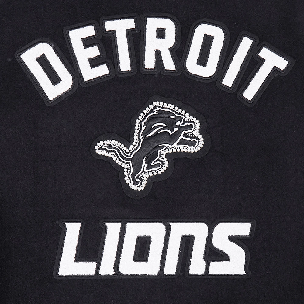NFL DETROIT LIONS PEARLS WOMEN'S RIB WOOL VARSITY JACKET (BLACK/WHITE)