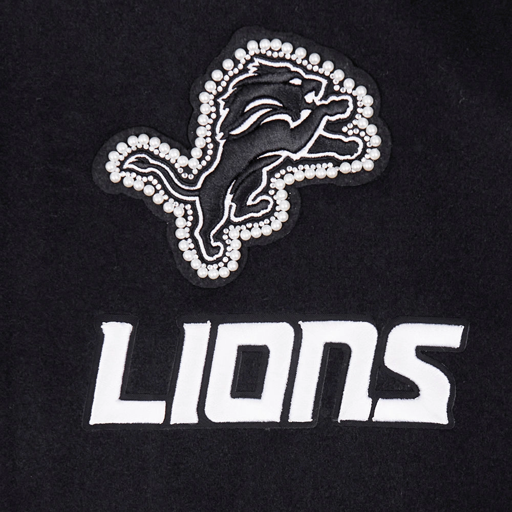 NFL DETROIT LIONS PEARLS WOMEN'S RIB WOOL VARSITY JACKET (BLACK/WHITE)