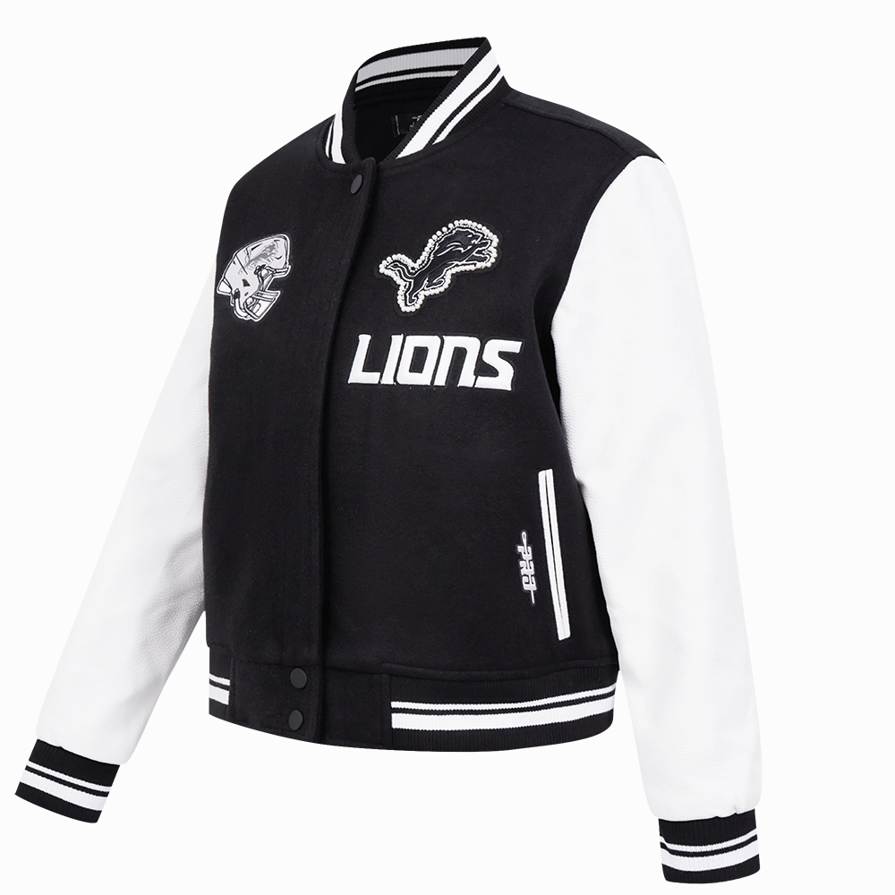 NFL DETROIT LIONS PEARLS WOMEN'S RIB WOOL VARSITY JACKET (BLACK/WHITE)