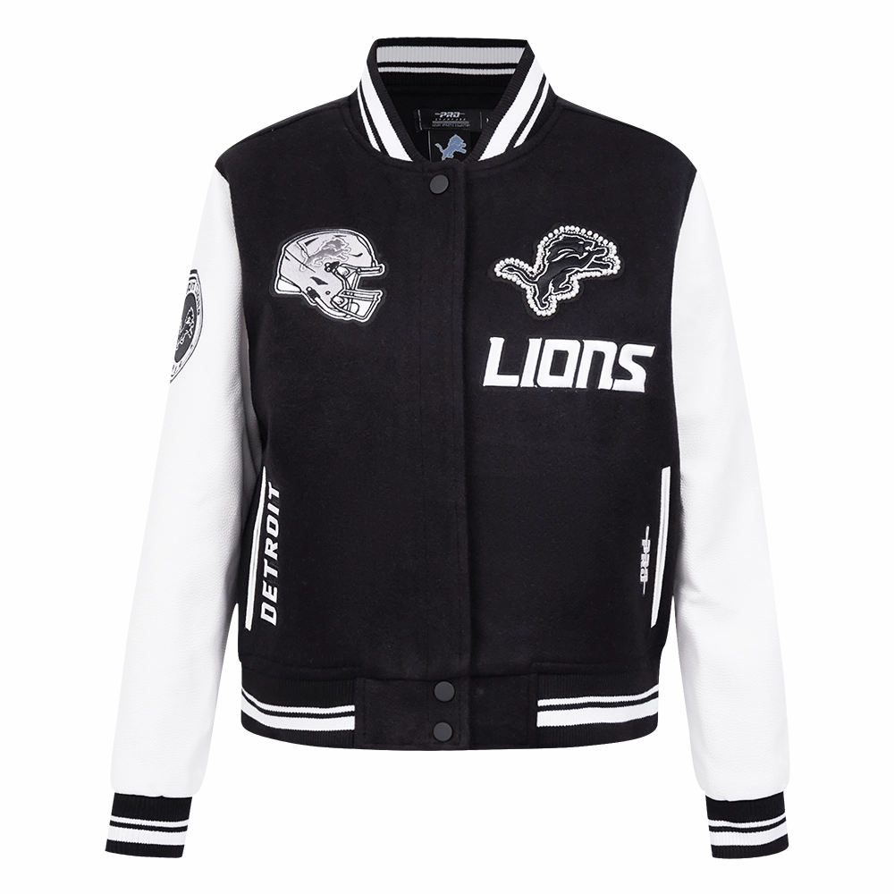 NFL DETROIT LIONS PEARLS WOMEN'S RIB WOOL VARSITY JACKET (BLACK/WHITE)