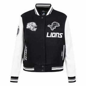 NFL DETROIT LIONS PEARLS WOMEN'S RIB WOOL VARSITY JACKET (BLACK/WHITE)