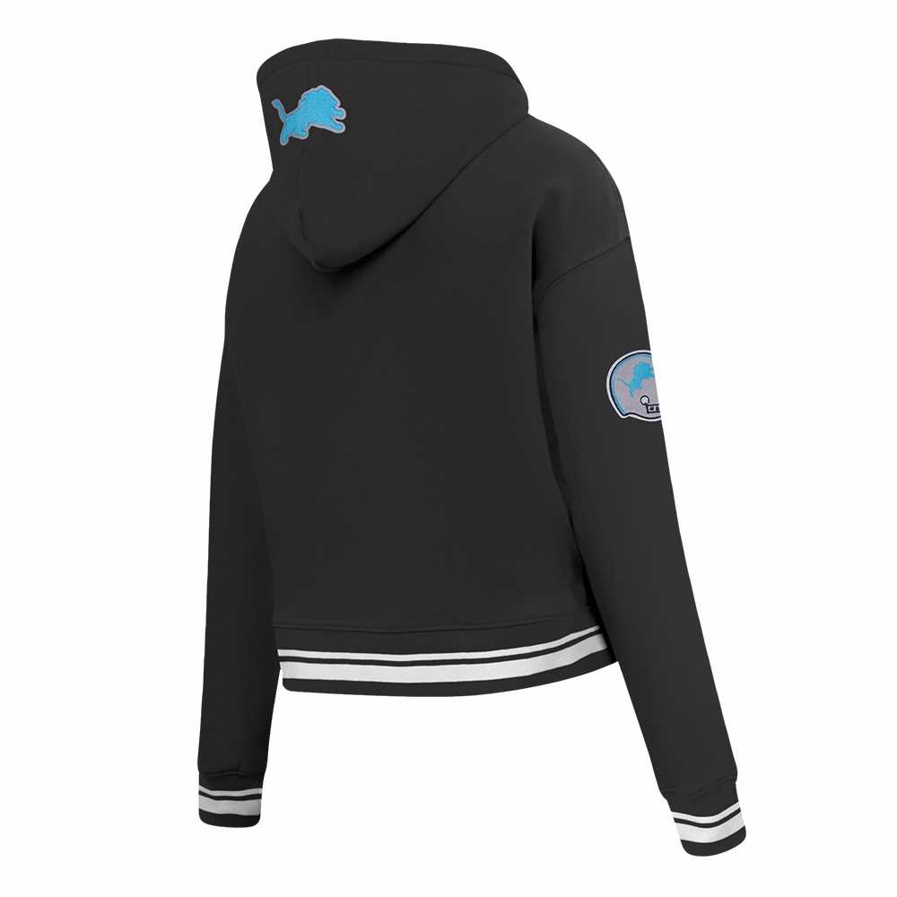 NFL DETROIT LIONS RETRO CLASSIC WOMEN'S RIB CROPPED FLEECE PULLOVER HOODIE (BLACK)