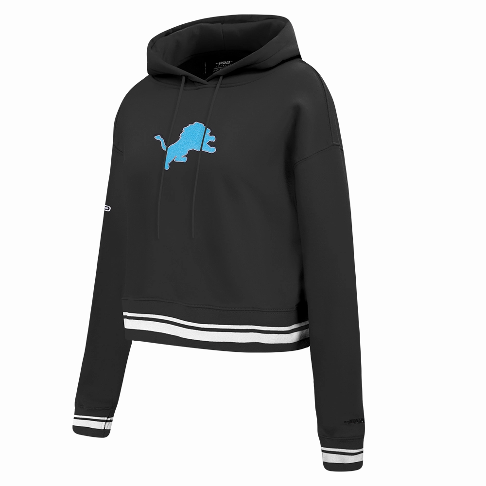 NFL DETROIT LIONS RETRO CLASSIC WOMEN'S RIB CROPPED FLEECE PULLOVER HOODIE (BLACK)