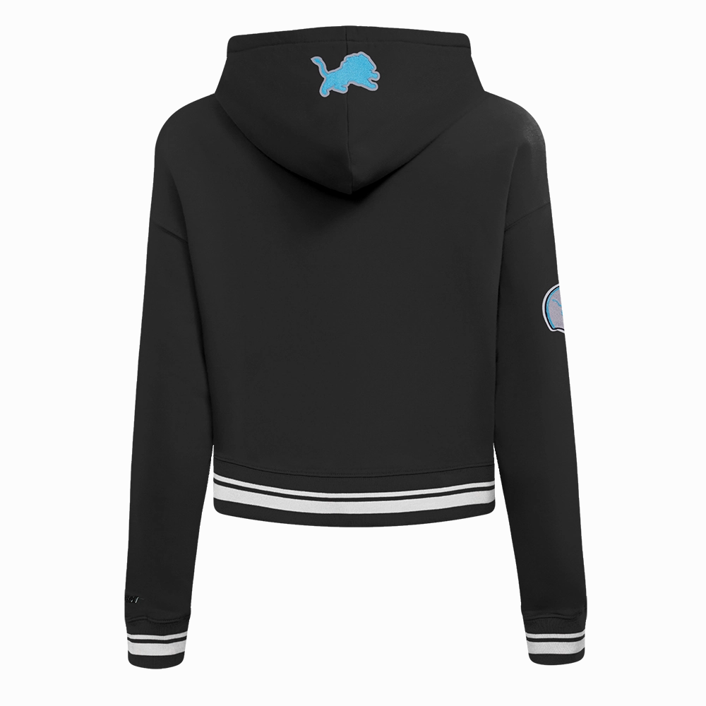 NFL DETROIT LIONS RETRO CLASSIC WOMEN'S RIB CROPPED FLEECE PULLOVER HOODIE (BLACK)