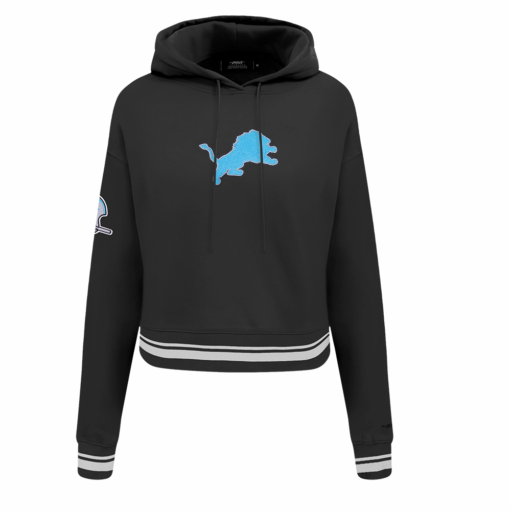 NFL DETROIT LIONS RETRO CLASSIC WOMEN'S RIB CROPPED FLEECE PULLOVER HOODIE (BLACK)