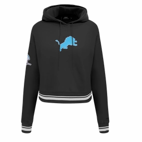 NFL DETROIT LIONS RETRO CLASSIC WOMEN'S RIB CROPPED FLEECE PULLOVER HOODIE (BLACK)
