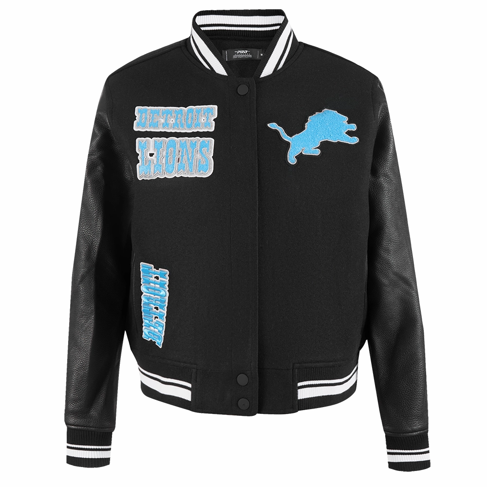 NFL DETROIT LIONS RETRO CLASSIC WOMEN'S RIB WOOL VARSITY JACKET (BLACK)