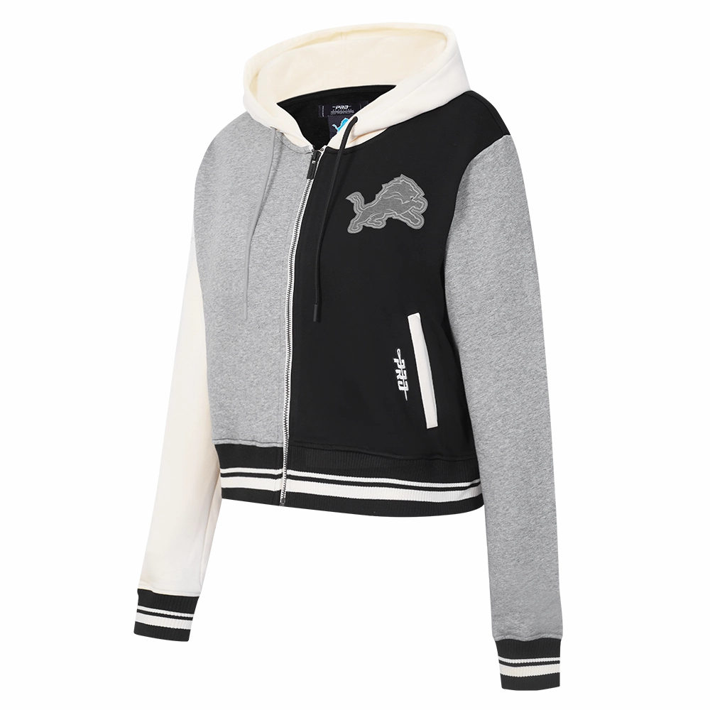 NFL DETROIT LIONS REVERSE FRENCH TERRY WOMEN'S COLOR BLOCK FLEECE FULL ZIP HOODIE (BLACK/GRAY/EGGSHELL)