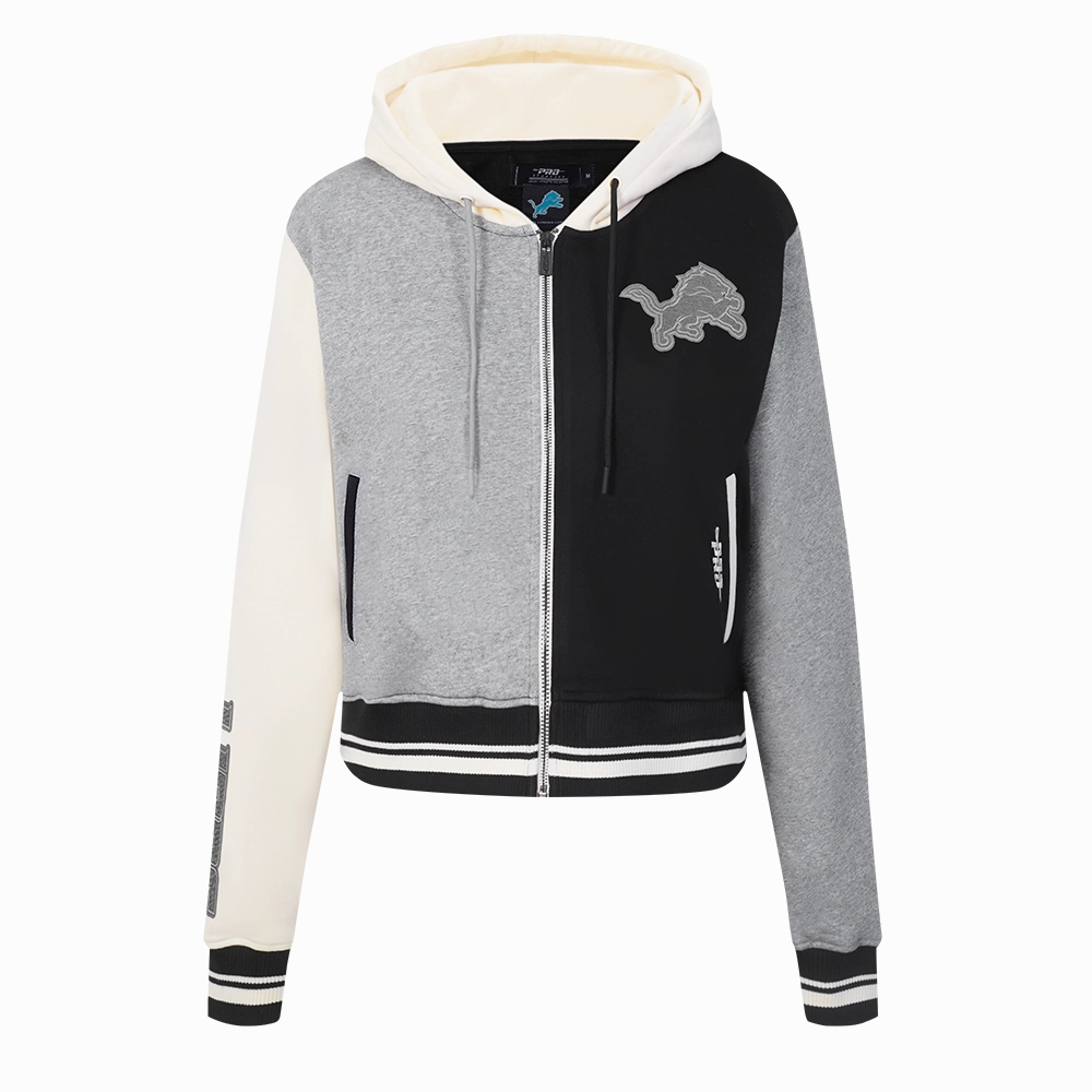 NFL DETROIT LIONS REVERSE FRENCH TERRY WOMEN'S COLOR BLOCK FLEECE FULL ZIP HOODIE (BLACK/GRAY/EGGSHELL)