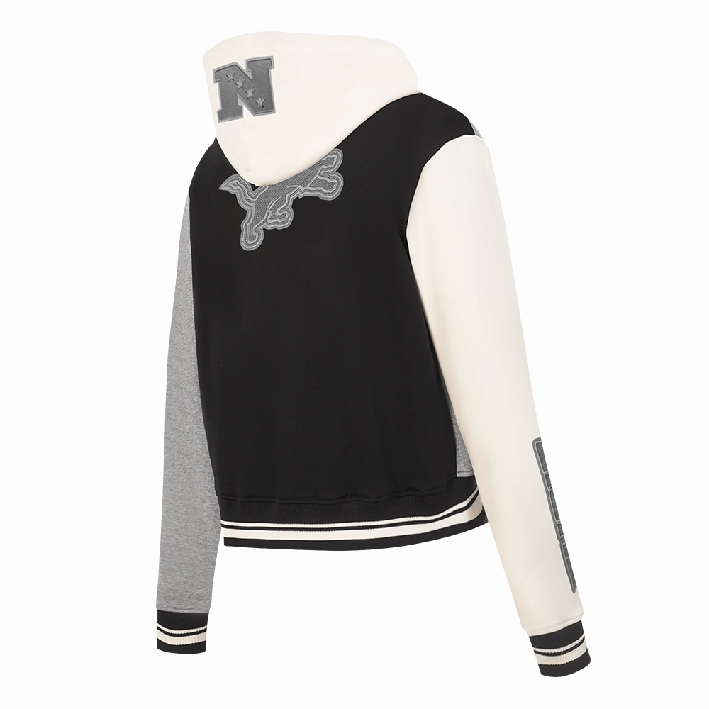 NFL DETROIT LIONS REVERSE FRENCH TERRY WOMEN'S COLOR BLOCK FLEECE FULL ZIP HOODIE (BLACK/GRAY/EGGSHELL)