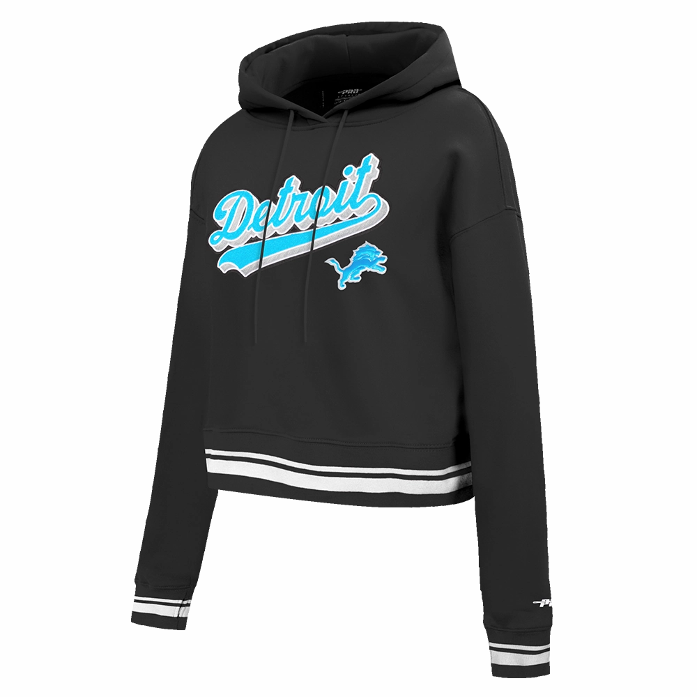 NFL DETROIT LIONS SCRIPT TAIL WOMEN'S RIB FLEECE CROPPED PULLOVER HOODIE (BLACK)