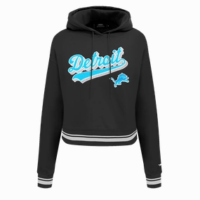 NFL DETROIT LIONS SCRIPT TAIL WOMEN'S RIB FLEECE CROPPED PULLOVER HOODIE (BLACK)
