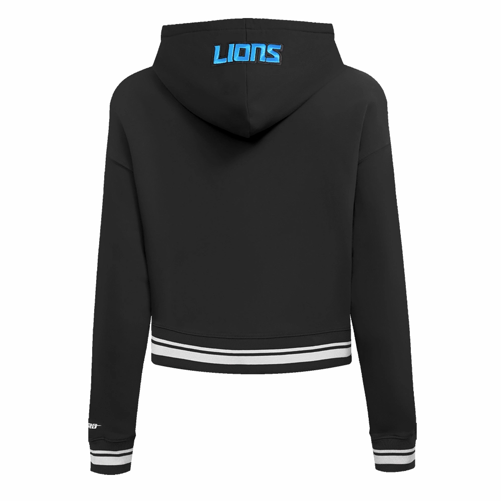 NFL DETROIT LIONS SCRIPT TAIL WOMEN'S RIB FLEECE CROPPED PULLOVER HOODIE (BLACK)