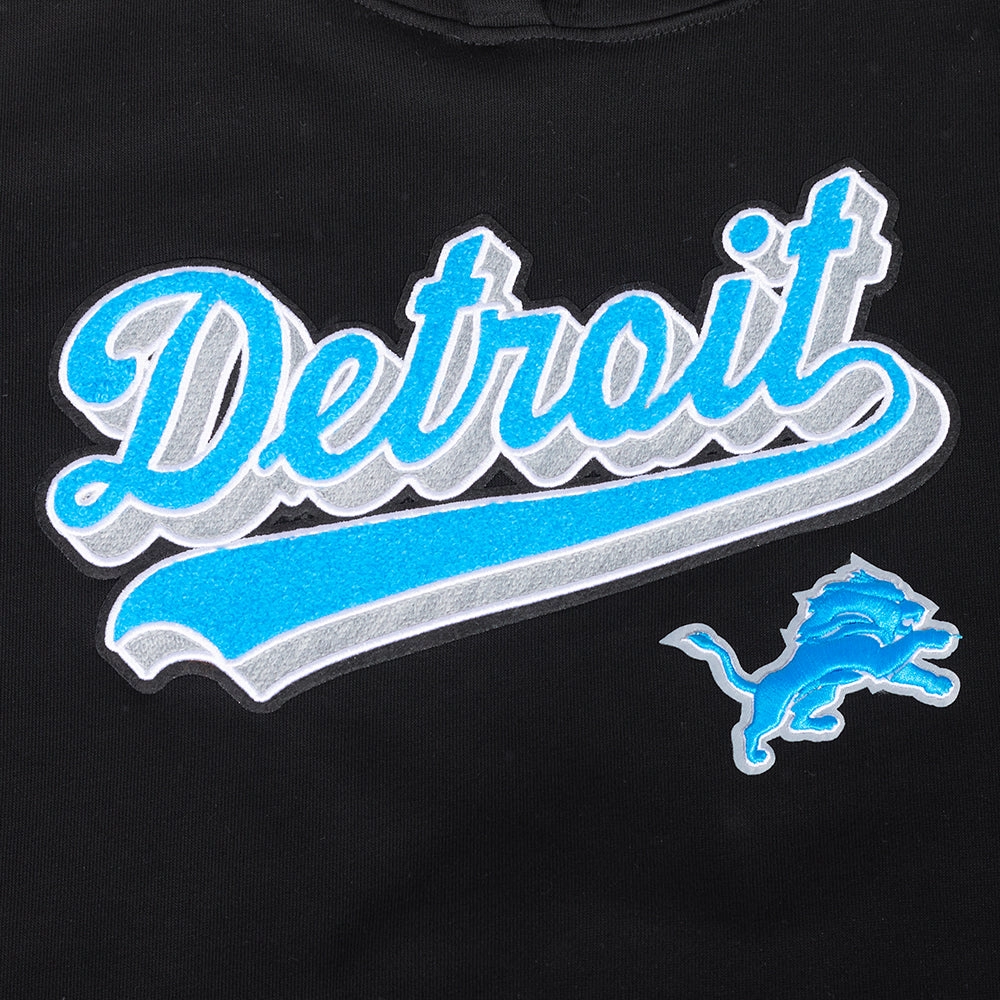 NFL DETROIT LIONS SCRIPT TAIL WOMEN'S RIB FLEECE CROPPED PULLOVER HOODIE (BLACK)