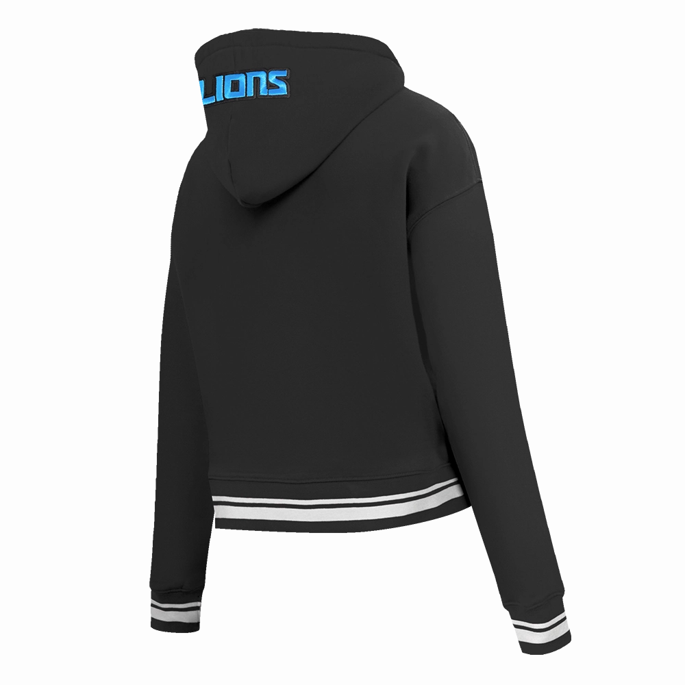 NFL DETROIT LIONS SCRIPT TAIL WOMEN'S RIB FLEECE CROPPED PULLOVER HOODIE (BLACK)