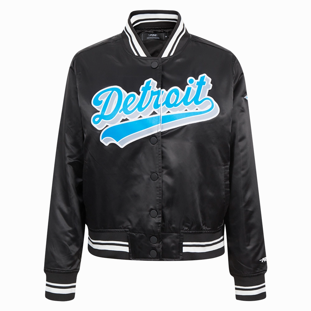 NFL DETROIT LIONS SCRIPT TAIL WOMEN'S SATIN JACKET (BLACK)