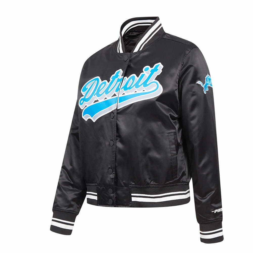 NFL DETROIT LIONS SCRIPT TAIL WOMEN'S SATIN JACKET (BLACK)