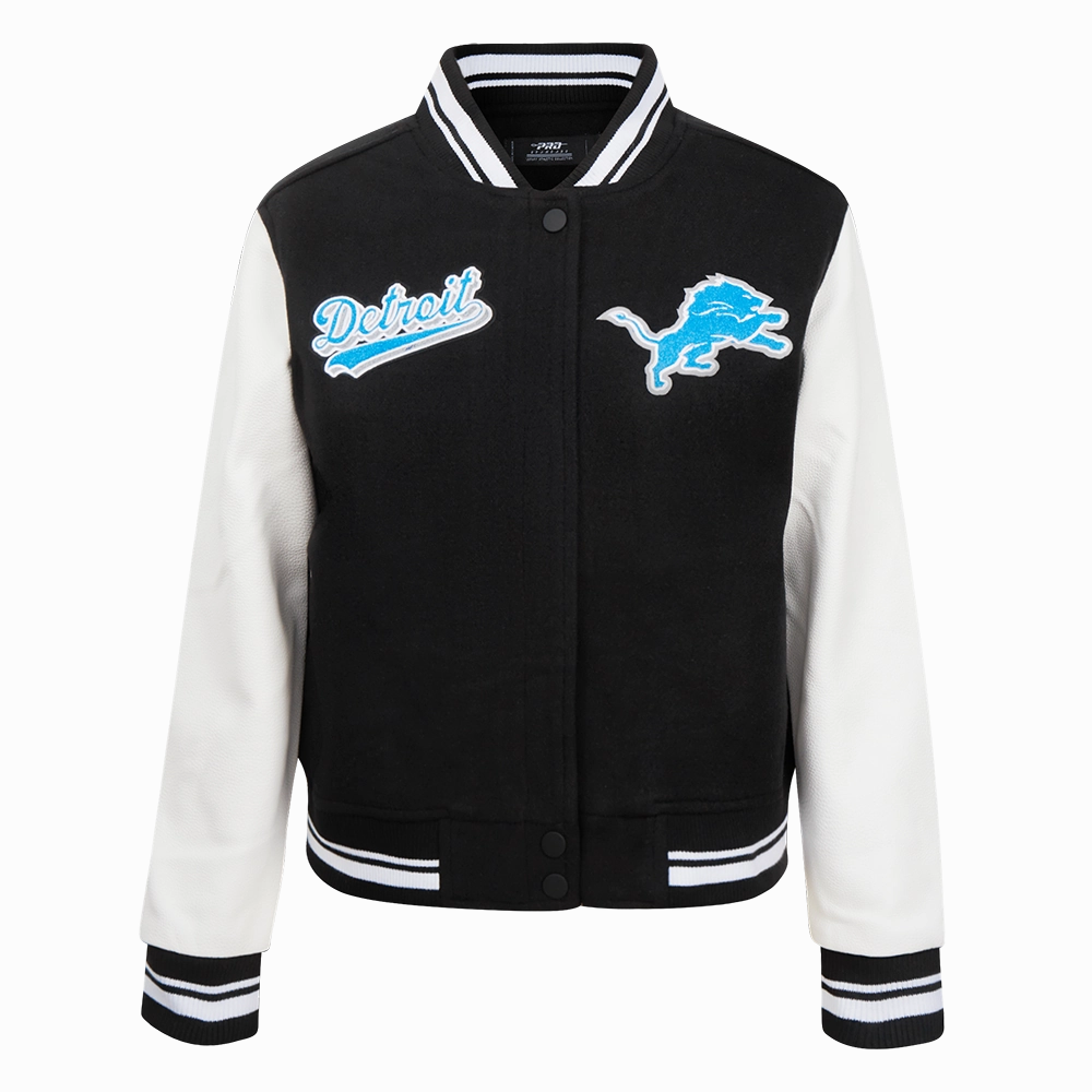 NFL DETROIT LIONS SCRIPT TAIL WOMEN'S WOOL VARSITY JACKET (BLACK/WHITE)