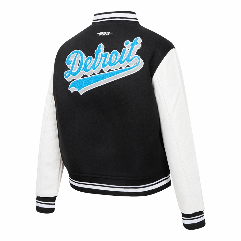 NFL DETROIT LIONS SCRIPT TAIL WOMEN'S WOOL VARSITY JACKET (BLACK/WHITE)