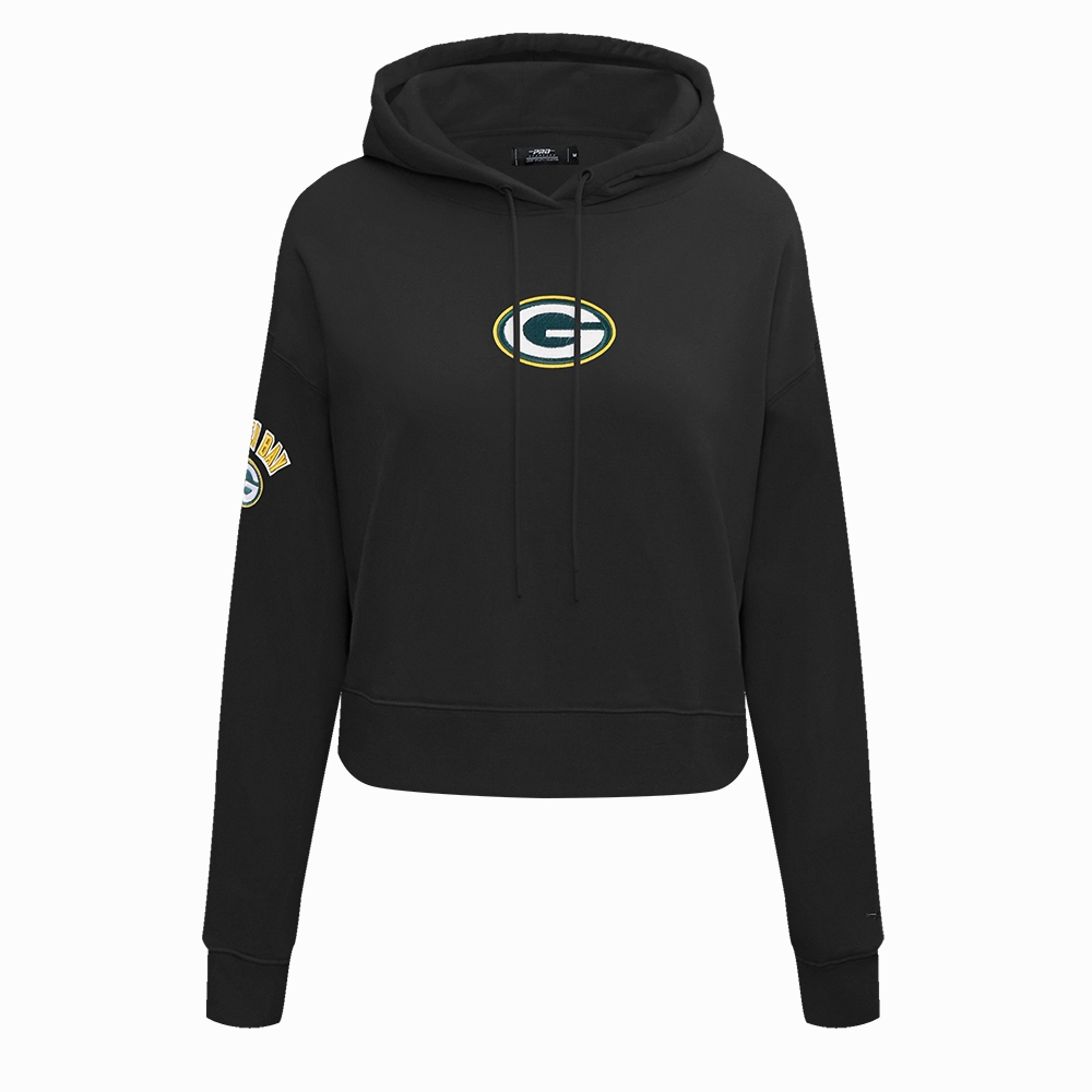 NFL GREEN BAY PACKERS CLASSIC WOMEN'S FLEECE CROPPED PULLOVER HOODIE (BLACK)
