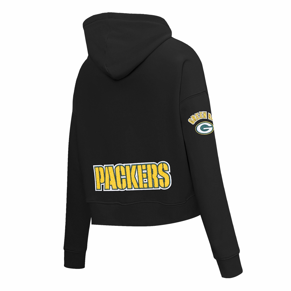 NFL GREEN BAY PACKERS CLASSIC WOMEN'S FLEECE CROPPED PULLOVER HOODIE (BLACK)