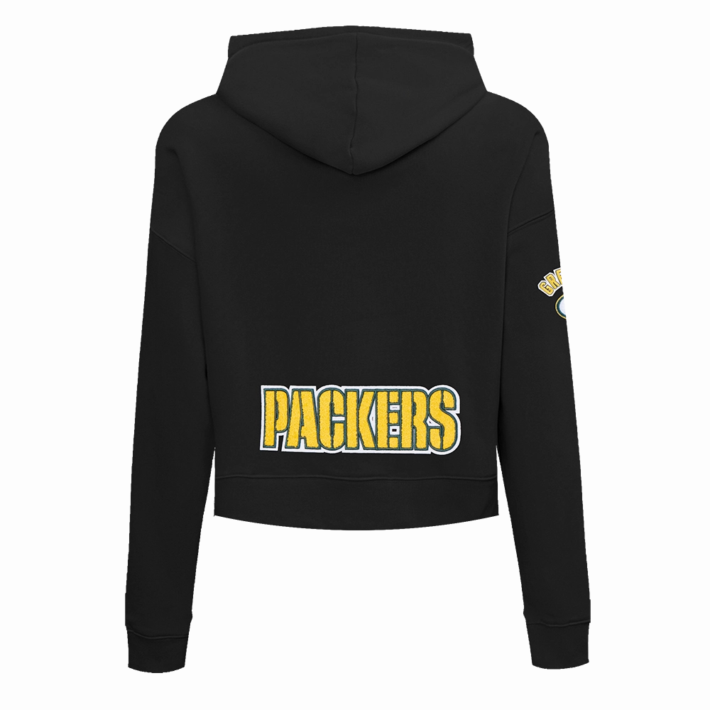 NFL GREEN BAY PACKERS CLASSIC WOMEN'S FLEECE CROPPED PULLOVER HOODIE (BLACK)