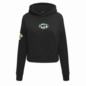 NFL GREEN BAY PACKERS CLASSIC WOMEN'S FLEECE CROPPED PULLOVER HOODIE (BLACK)
