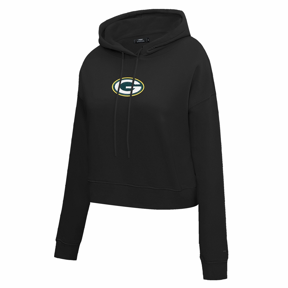 NFL GREEN BAY PACKERS CLASSIC WOMEN'S FLEECE CROPPED PULLOVER HOODIE (BLACK)