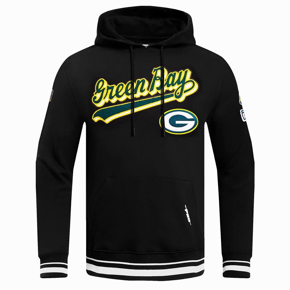 NFL GREEN BAY PACKERS SCRIPT TAIL MEN'S RIB FLC PO HOODIE (BLACK)