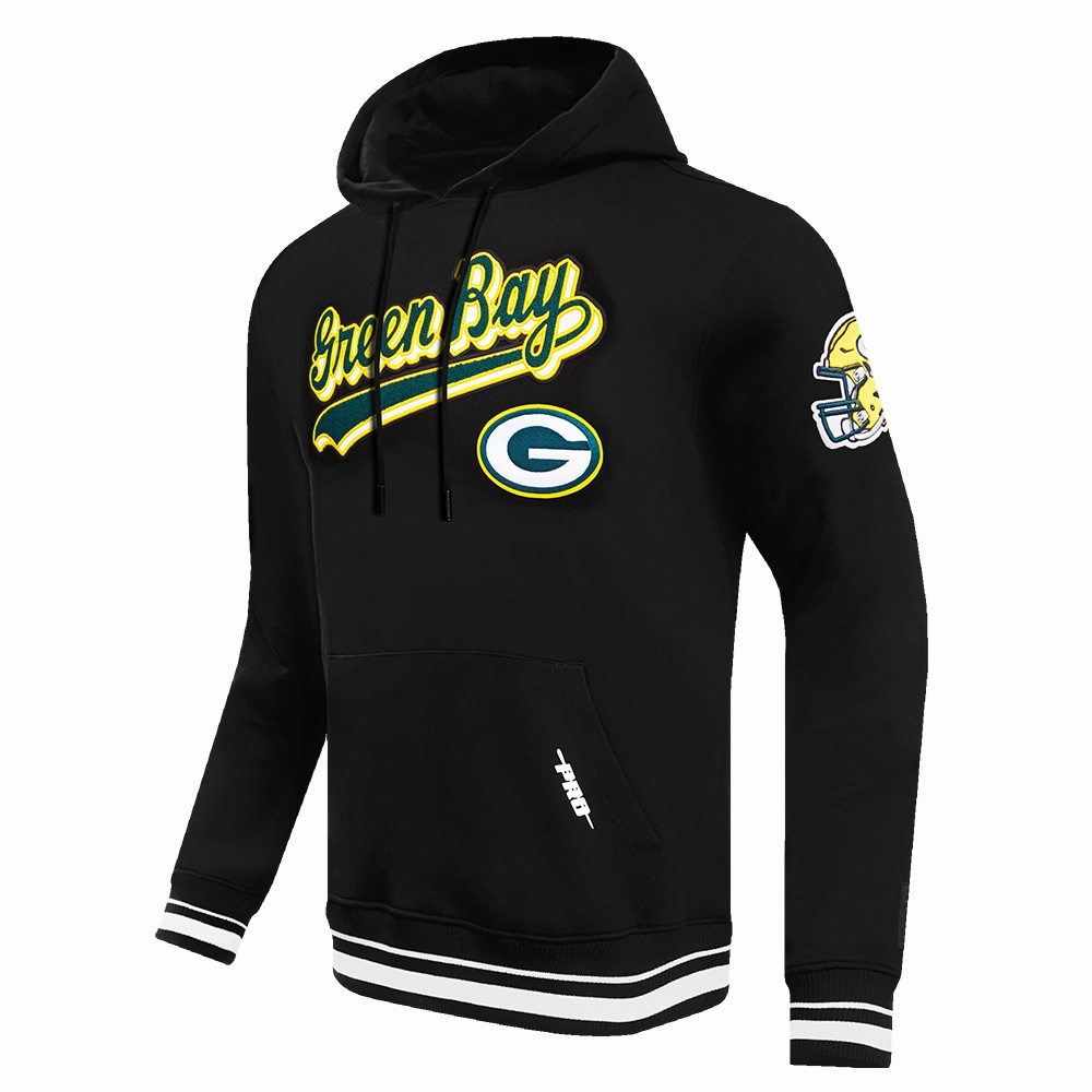 NFL GREEN BAY PACKERS SCRIPT TAIL MEN'S RIB FLC PO HOODIE (BLACK)