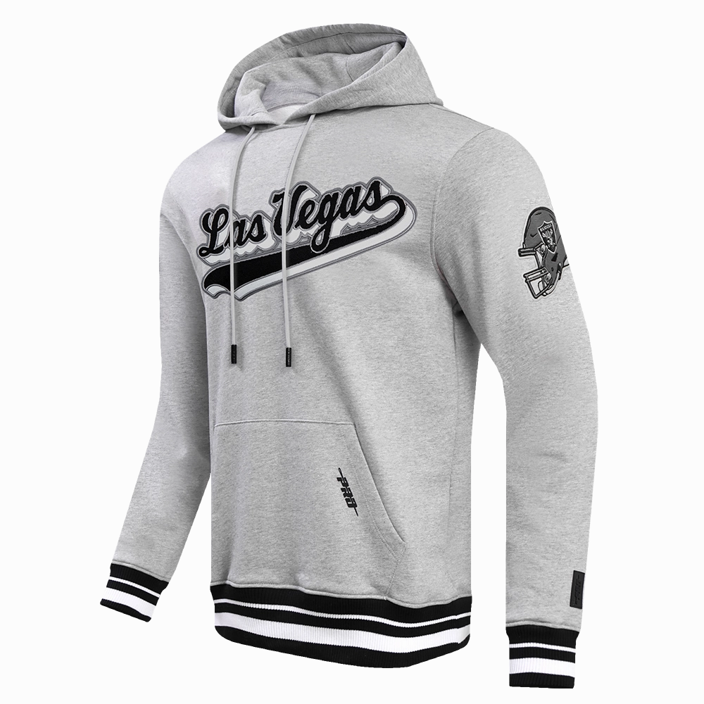 NFL LAS VEGAS RAIDERS SCRIPT TAIL MEN'S RIB FLEECE PULLOVER HOODIE (HEATHER GRAY/BLACK)