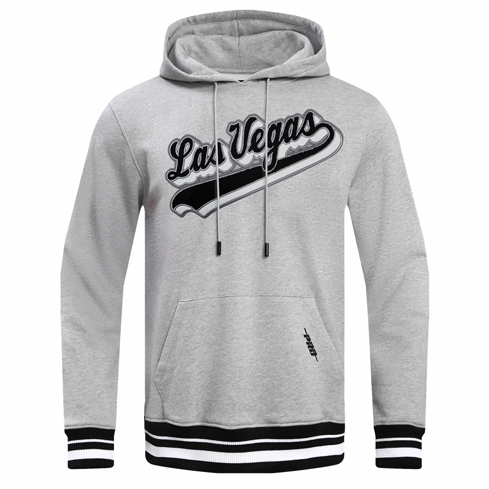 NFL LAS VEGAS RAIDERS SCRIPT TAIL MEN'S RIB FLEECE PULLOVER HOODIE (HEATHER GRAY/BLACK)