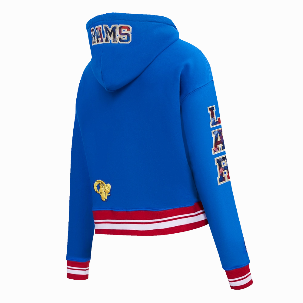 NFL LOS ANGELES RAMS PRO PREP RIB FLEECE WOMEN'S CROPPED PULLOVER HOODIE (ROYAL BLUE/RED)