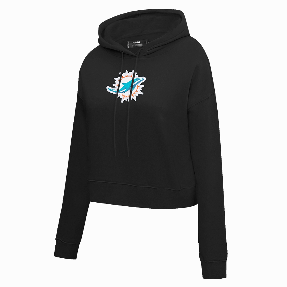 NFL MIAMI DOLPHINS CLASSIC WOMEN'S FLEECE CROPPED PULLOVER HOODIE (BLACK)